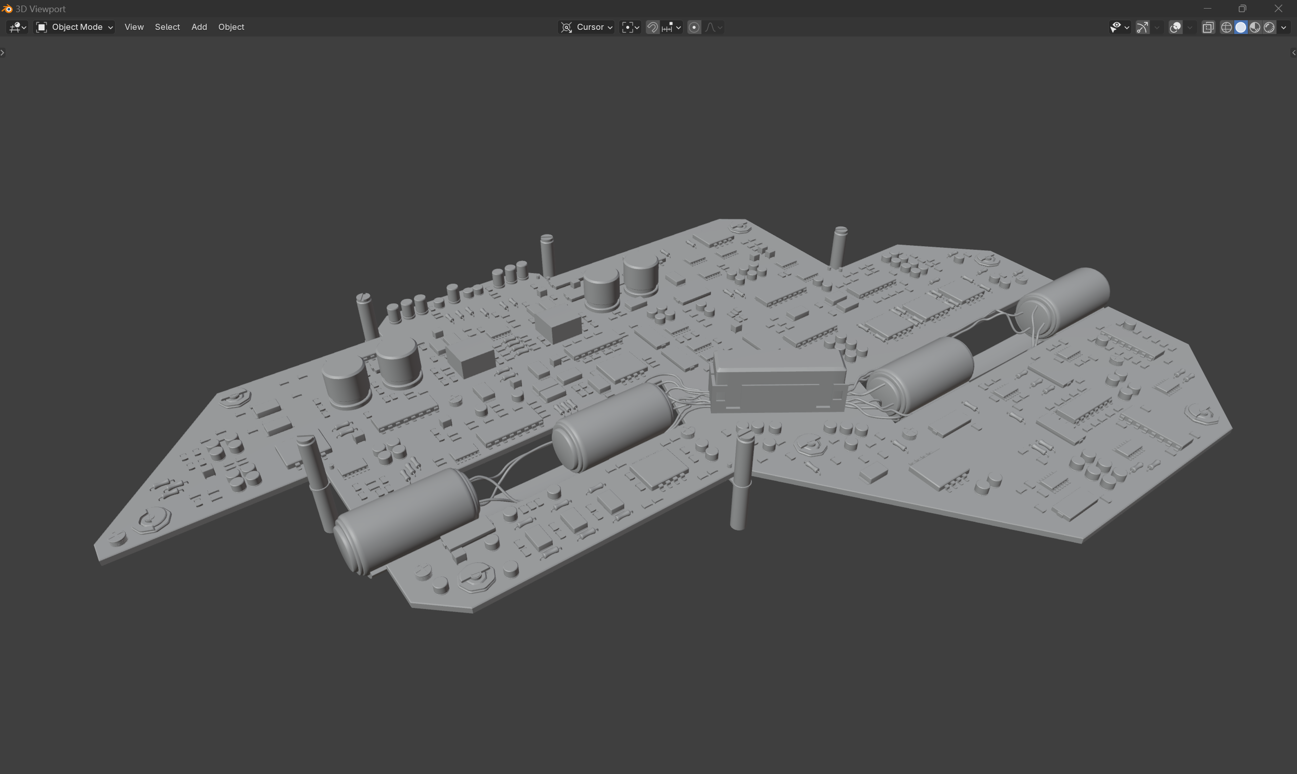 Normal material view on an open board, showing off internal circuitry